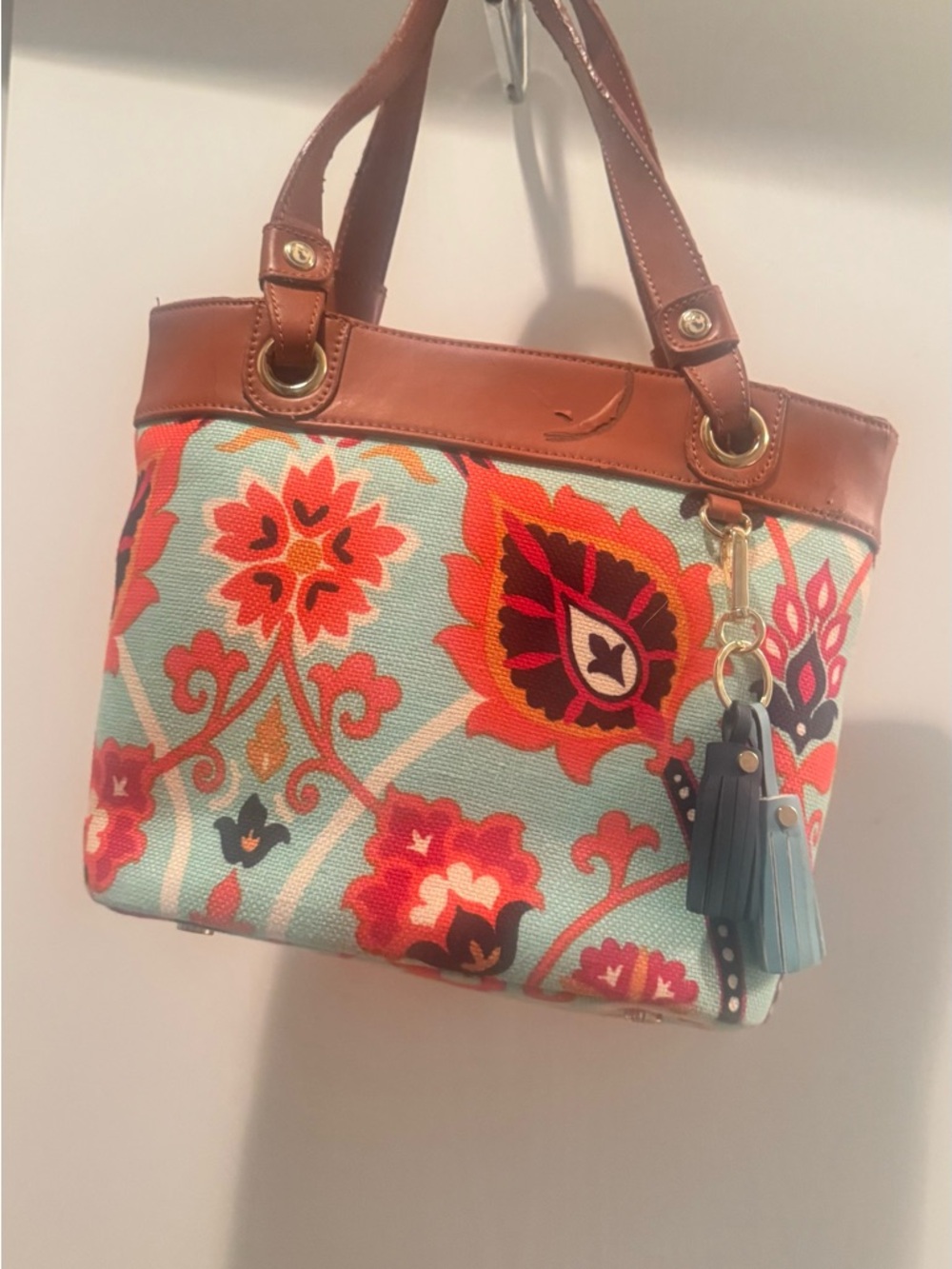 SPARTINA 449 Floral Embroidered Tote Bag with Brown Leather Trim